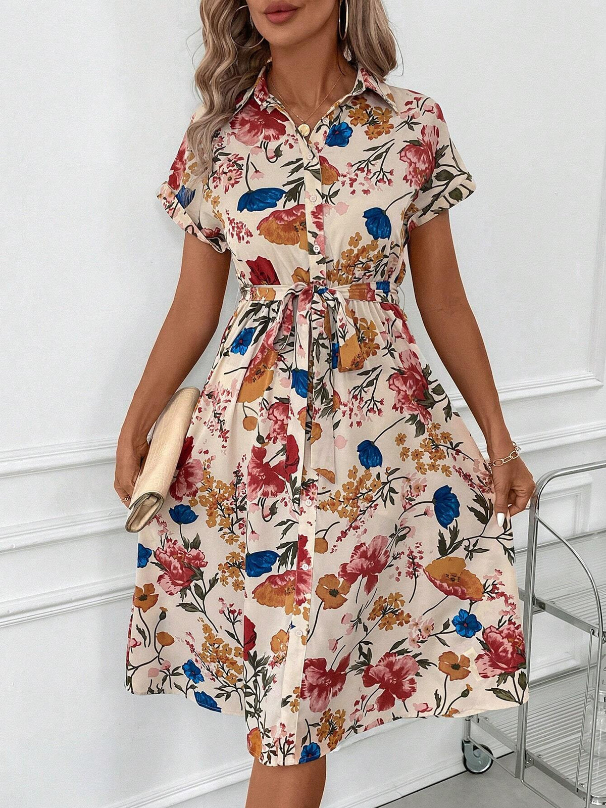 Women's Elegant Floral Print Buttoned Shirt Dress With Belted Waist