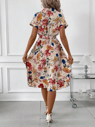 Women's Elegant Floral Print Buttoned Shirt Dress With Belted Waist