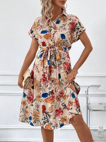 Women's Elegant Floral Print Buttoned Shirt Dress With Belted Waist