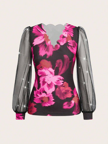 Clasi Women's Elegant Floral Print Scoop Neck Shell Trim Mesh Insert Long Sleeve Halloween Shirt