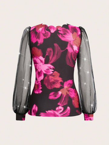 Clasi Women's Elegant Floral Print Scoop Neck Shell Trim Mesh Insert Long Sleeve Halloween Shirt