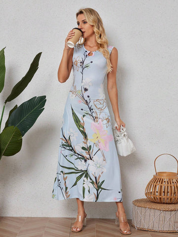 Women's Elegant Floral Print Sleeveless Dress, Summer