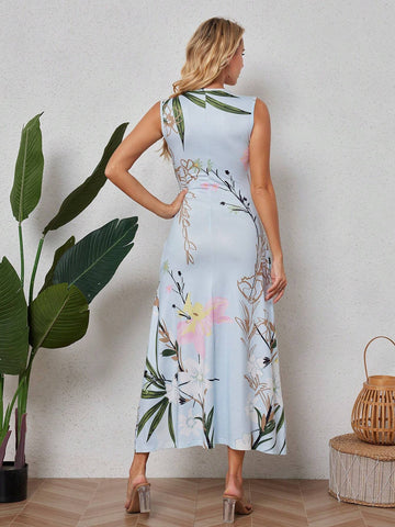 Women's Elegant Floral Print Sleeveless Dress, Summer