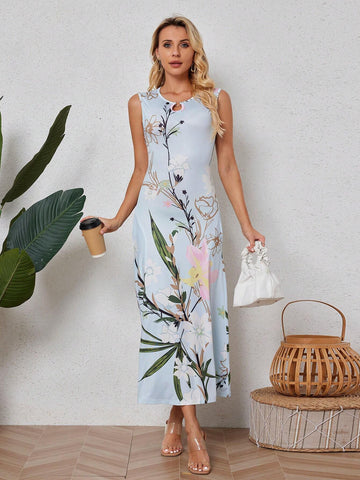 Women's Elegant Floral Print Sleeveless Dress, Summer