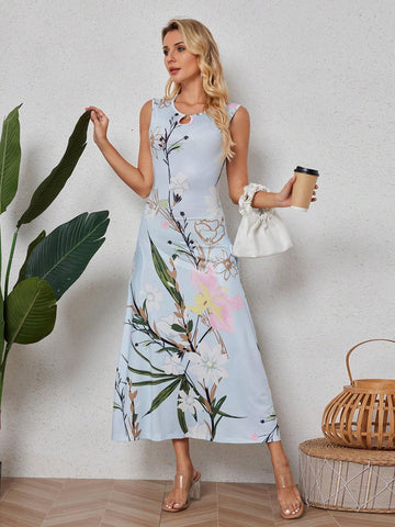 Women's Elegant Floral Print Sleeveless Dress, Summer