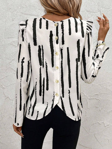 Clasi Women's Elegant Geometric Print Ruffled Buttoned Back Blouse