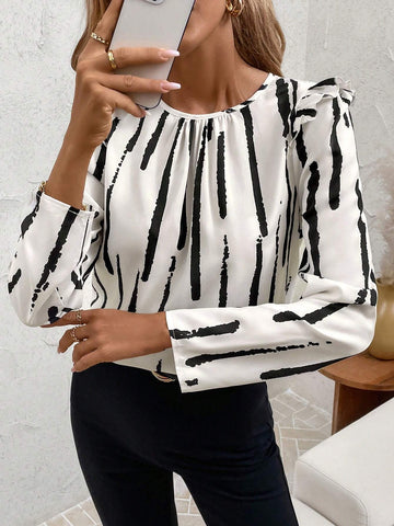 Clasi Women's Elegant Geometric Print Ruffled Buttoned Back Blouse
