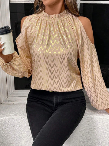 Clasi Women's Elegant Gold Foil Ruffle Edge Lantern Sleeve Off Shoulder Blouse, Autumn