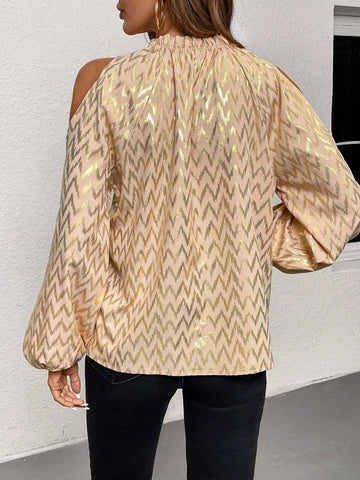 Clasi Women's Elegant Gold Foil Ruffle Edge Lantern Sleeve Off Shoulder Blouse, Autumn