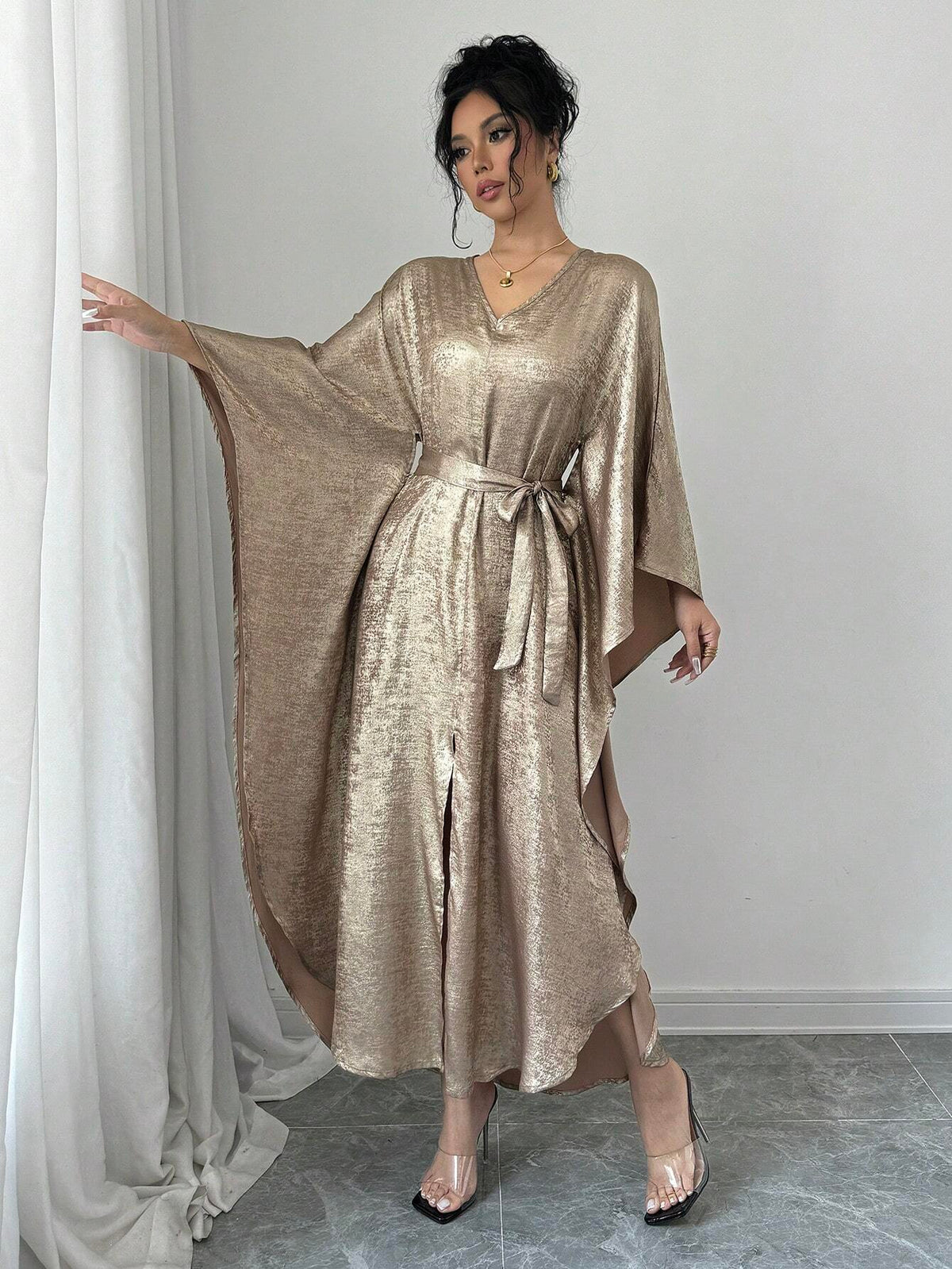 Women's Elegant Gold Glitter V-Neck Long Satin Dress