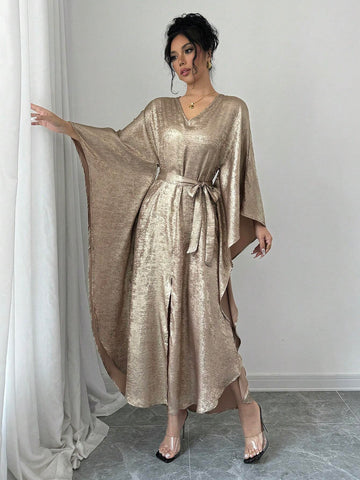 Women's Elegant Gold Glitter V-Neck Long Satin Dress