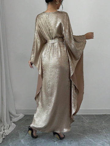 Women's Elegant Gold Glitter V-Neck Long Satin Dress