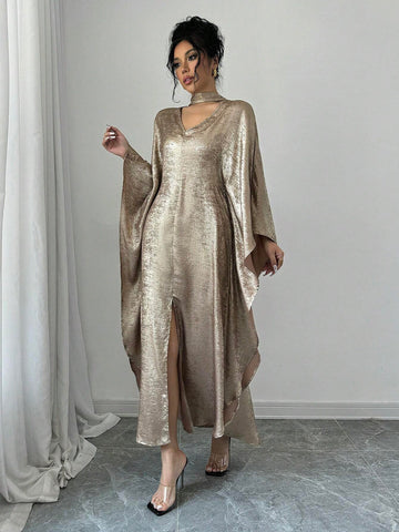 Women's Elegant Gold Glitter V-Neck Long Satin Dress