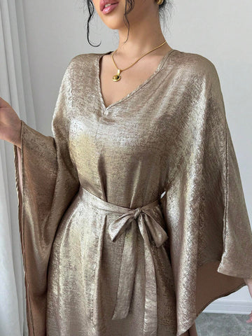 Women's Elegant Gold Glitter V-Neck Long Satin Dress
