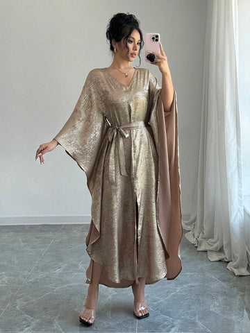 Women's Elegant Gold Glitter V-Neck Long Satin Dress