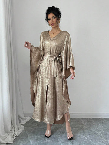 Women's Elegant Gold Glitter V-Neck Long Satin Dress