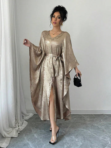 Women's Elegant Gold Glitter V-Neck Long Satin Dress