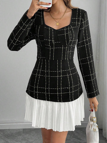 Women's Elegant Keyhole Neck Ruched Waist Color Block Pleated Hem Long Sleeve Dress