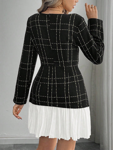 Women's Elegant Keyhole Neck Ruched Waist Color Block Pleated Hem Long Sleeve Dress