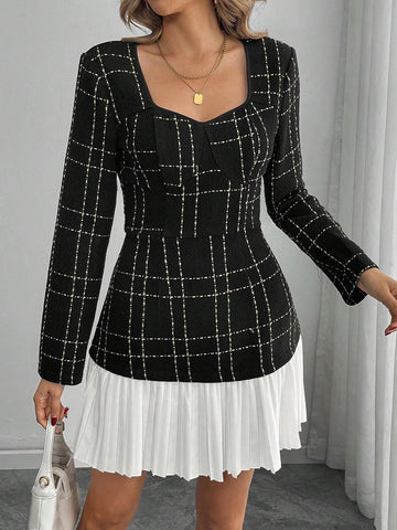 Women's Elegant Keyhole Neck Ruched Waist Color Block Pleated Hem Long Sleeve Dress