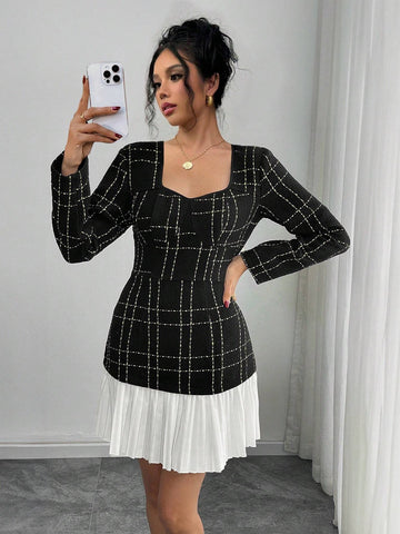 Women's Elegant Keyhole Neck Ruched Waist Color Block Pleated Hem Long Sleeve Dress