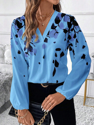 Clasi Women's Elegant Leaf Floral Printed V-Neck Long Sleeve Loose Blouse