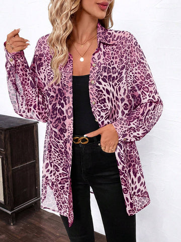 Clasi Women's Elegant Leopard Print Chiffon Front Opening Long Sleeve Loose Blouse