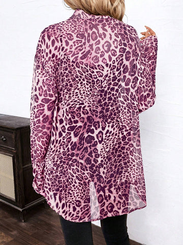 Clasi Women's Elegant Leopard Print Chiffon Front Opening Long Sleeve Loose Blouse