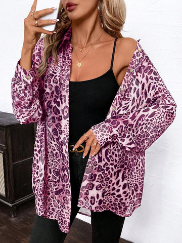 Clasi Women's Elegant Leopard Print Chiffon Front Opening Long Sleeve Loose Blouse