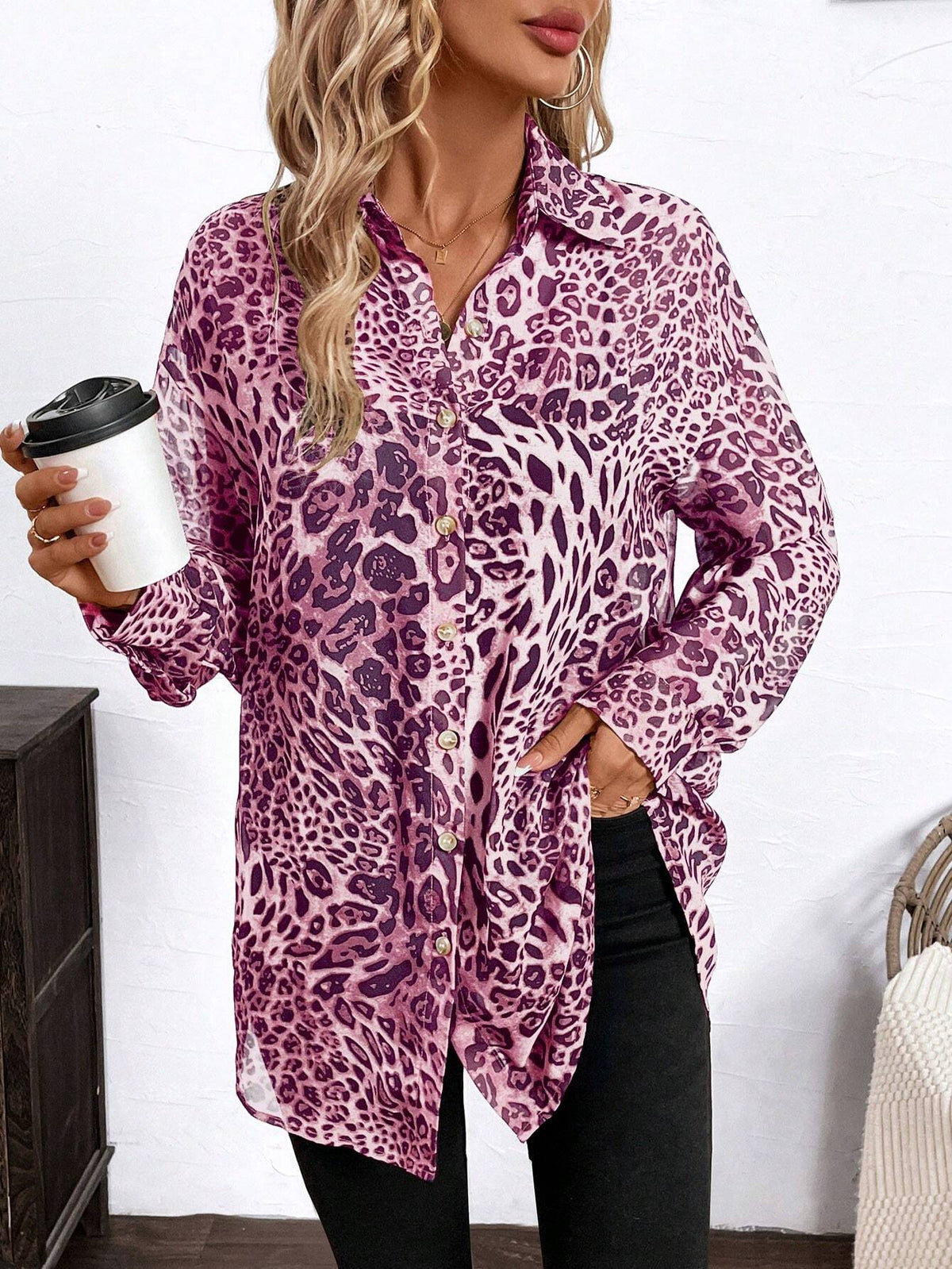 Clasi Women's Elegant Leopard Print Chiffon Front Opening Long Sleeve Loose Blouse