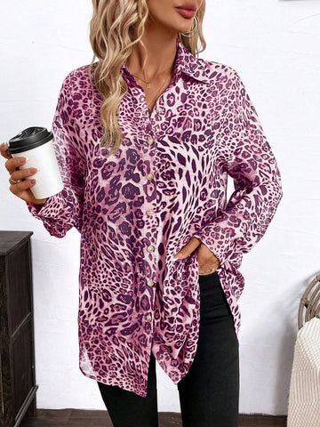 Clasi Women's Elegant Leopard Print Chiffon Front Opening Long Sleeve Loose Blouse