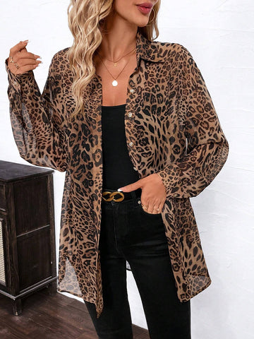 Clasi Women's Elegant Leopard Print Chiffon Open Front Loose Long Sleeve Blouse
