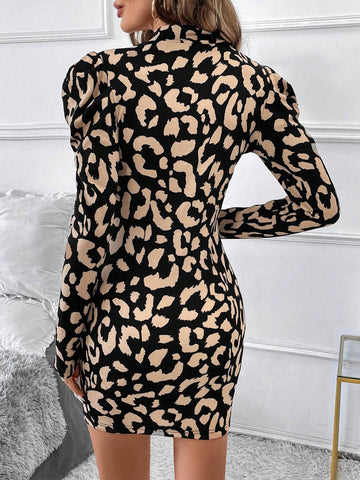 Women's Elegant Leopard Print Mock Neck Gigot Sleeve Fitted Dress