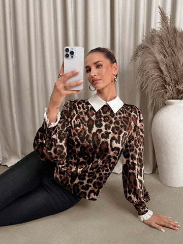 Clasi Women's Elegant Long Sleeve Leopard Print Color Block Ruffle Cuff Stand Collar Blouse