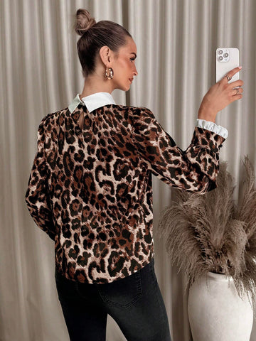 Clasi Women's Elegant Long Sleeve Leopard Print Color Block Ruffle Cuff Stand Collar Blouse