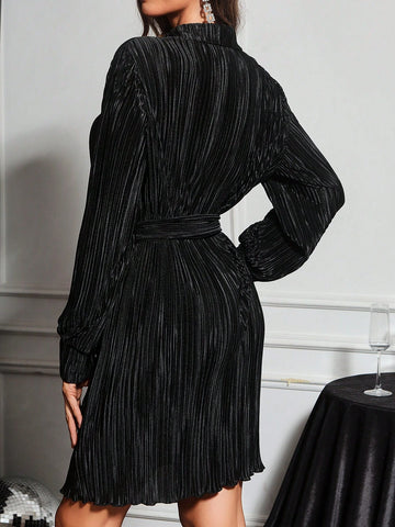 Women's Elegant Long Sleeve Pleated Mini Dress Long Sleeve Women Shirt Dress Winter Women