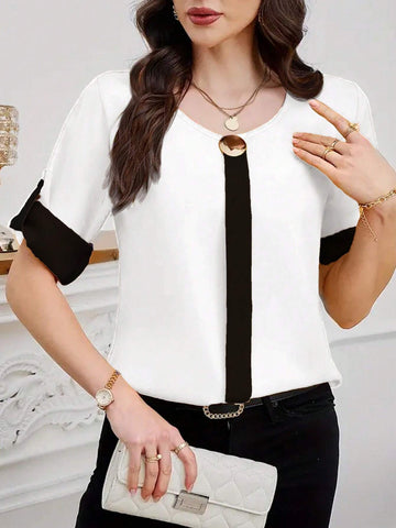 Clasi Women's Elegant Loose Contrast Color Front Button Metallic Decor Round Neck Roll Up Sleeve Blouse