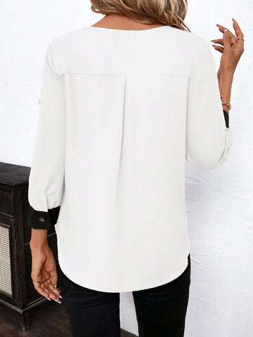 Clasi Women's Elegant Loose Contrast Color Front Button Metallic Decor Round Neck Roll Up Sleeve Blouse