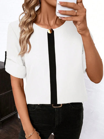 Clasi Women's Elegant Loose Contrast Color Front Button Metallic Decor Round Neck Roll Up Sleeve Blouse