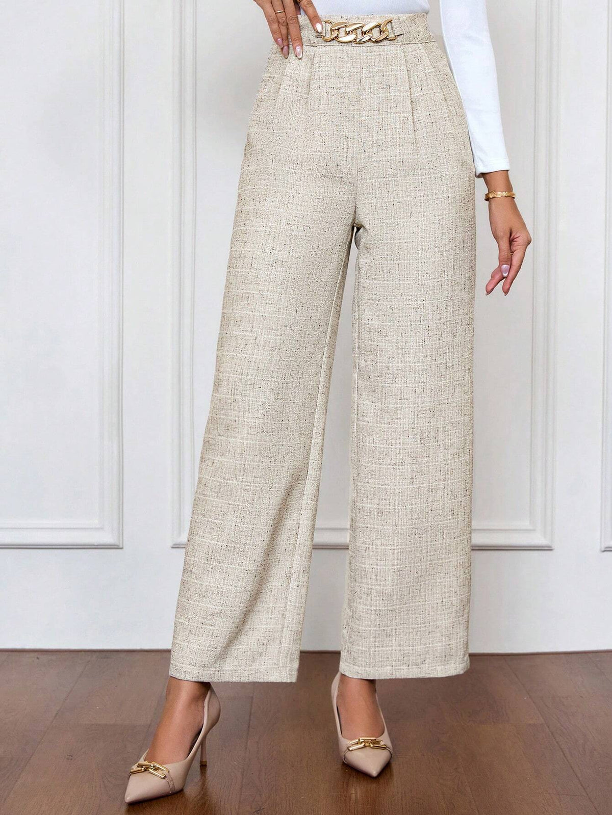 Clasi Women's Elegant Loose Wide Leg Pants With Waist Chain Decor, For Commute Business Casual Women