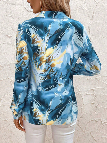 Clasi Women's Elegant Marble Print Long Sleeve Work Shirt, Spring & Summer