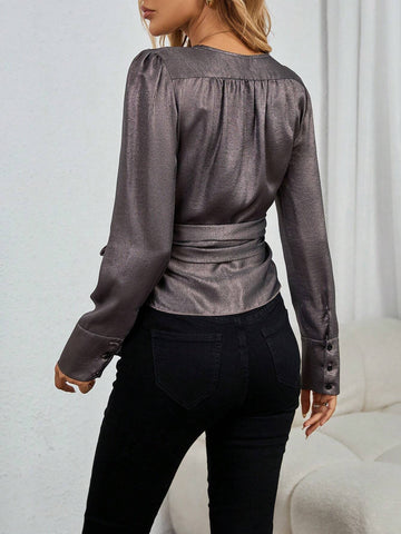 Clasi Women's Elegant Matte Fabric Cross Neck Bow Tie Blouse