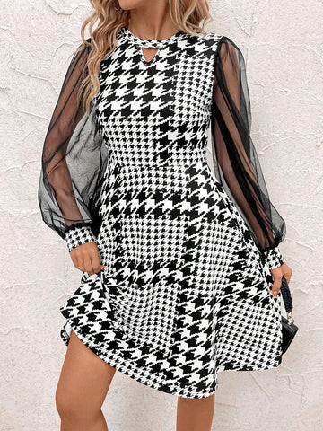 Women's Elegant Mesh Patchwork Houndstooth Print Mini Dress, Spring Autumn