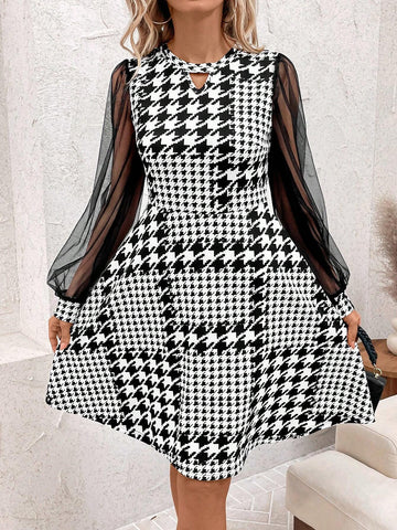 Women's Elegant Mesh Patchwork Houndstooth Print Mini Dress, Spring Autumn