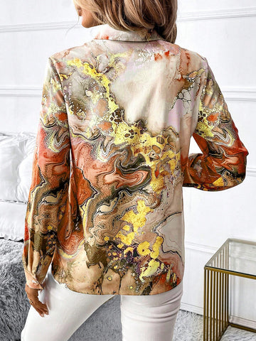 Clasi Women's Elegant Metallic Gold Marble Print Long Sleeve Loose Blouse, Suitable For Commuting