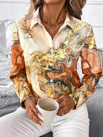 Clasi Women's Elegant Metallic Gold Marble Print Long Sleeve Loose Blouse, Suitable For Commuting