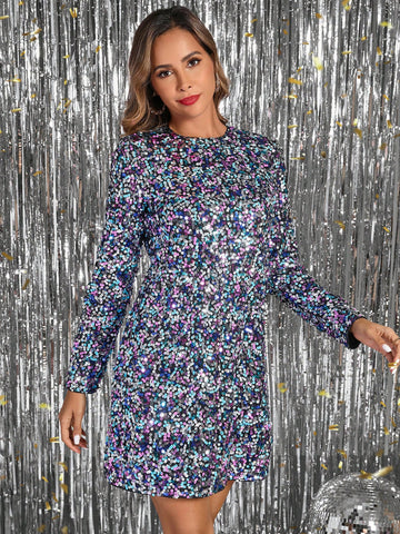 Women's Elegant Party Sequin Beaded Shiny Short Long Sleeve Loose Fit Mini Dress