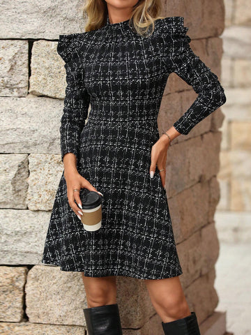 Women's Elegant Plaid High Collar Ruffle Hem Long Sleeve A-Line Knit Dress