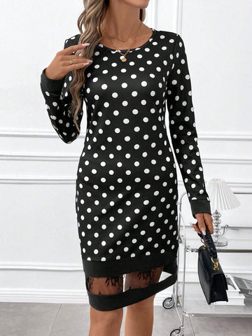Women's Elegant Polka Dot Knitted Color Contrast H-Line Casual Dress, Suitable For Commuting And Daily Wear Black Dress Fall Women Clothes Vestido