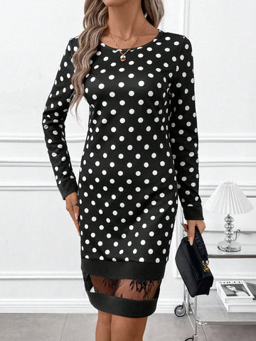 Women's Elegant Polka Dot Knitted Color Contrast H-Line Casual Dress, Suitable For Commuting And Daily Wear Black Dress Fall Women Clothes Vestido